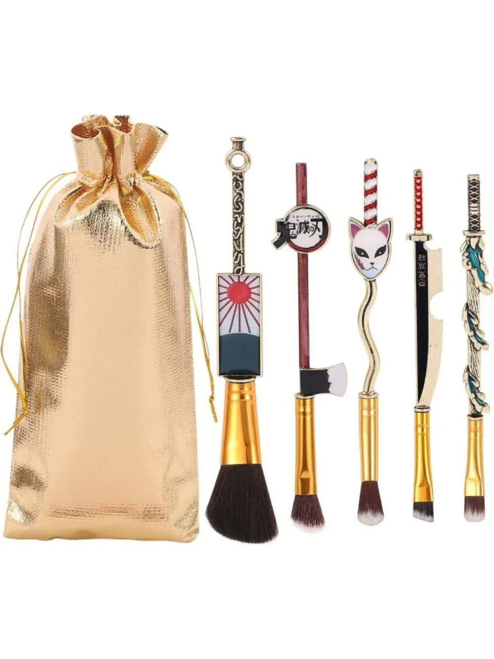 5pcs Anime Demon Makeup Brushes Set - Nezuko & Tanjirou Metal Handle Tools